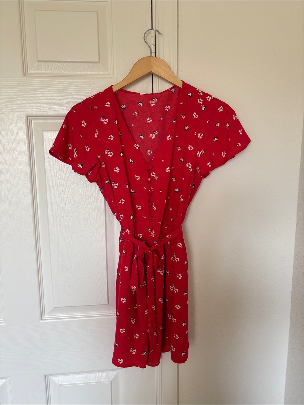 Red Floral Romper with Tie Waist